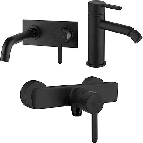 Set Rubinetti Jacuzzi per lavabo a parete con piastra e bidet senza scarico e doccia esterno serie Sunset YO nero opaco (1/5)