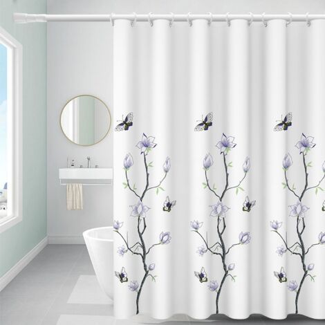 Rideau de douche hydrofuge anti-moisissure en polyester lavable avec crochets Motif fleurs et papillons Ourlet lesté 180 x 200 cm