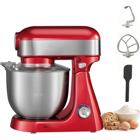 Mophorn Batidora de Repostería 1000 W, 10 Velocidades, Bol de 5 L de Acero Inoxidable, Protector Antisalpicaduras, Cabezal Inclinable, con Gancho para Amasar, Ideal para Hornear, Mezclar y Batir (1/5)