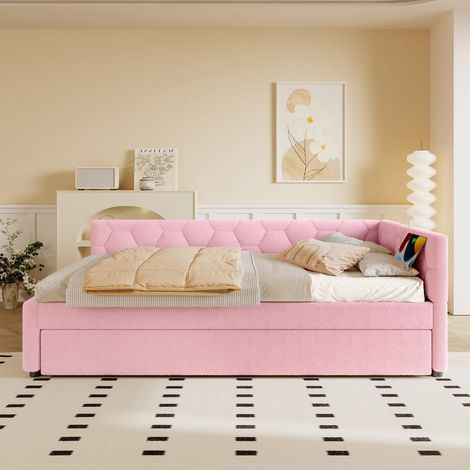 Lit banquette 90x200 cm en tissu rose avec lit gigogne, lampe et ports usb-type c (1/5)