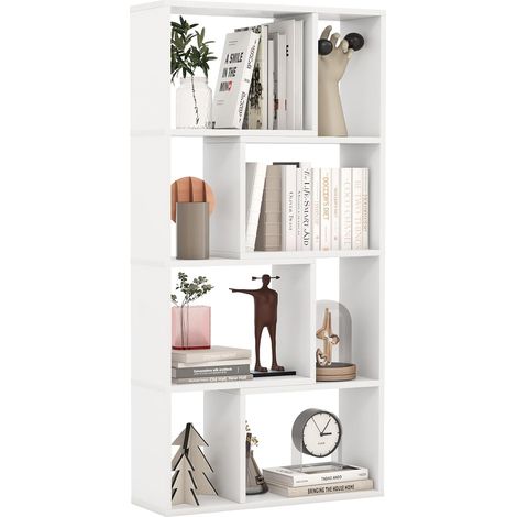 GOPLUS Bibliothèque Géométrique en Bois, Étagère Ouverte avec 8 Cubes, Bibliothèque Étagère de Rangement avec 2 Dispositifs Anti-Basculement, pour Chambre à Coucher, Salon, 60x20x120cm (Blanc) (1/5)