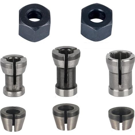 Jeu de 8 Pièces Adaptateur Fraise Defonceuse, Fraise Defonceuse 6mm Accessoires pour Fraiseuse, 6 Adaptateurs de Serrage (6 mm, 6,35 mm, 8 mm) + 2 Écrous, pour Machines à Graver, Etc (1/5)