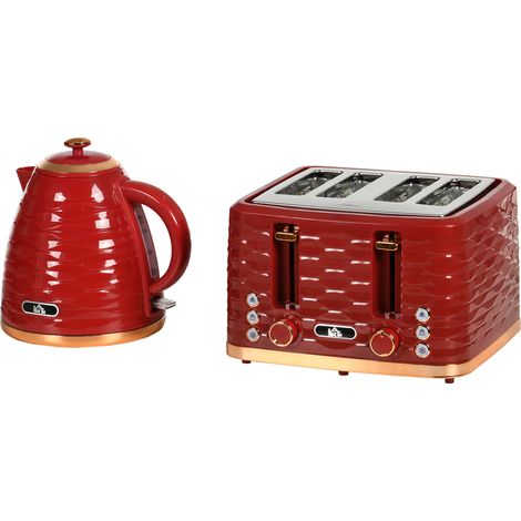 3000W 1.7L Rapid Boil Kettle & 4 Slice Toaster, Kettle Toaster Set with 7 Browning Controls Crumb Tray, Red (1/5)