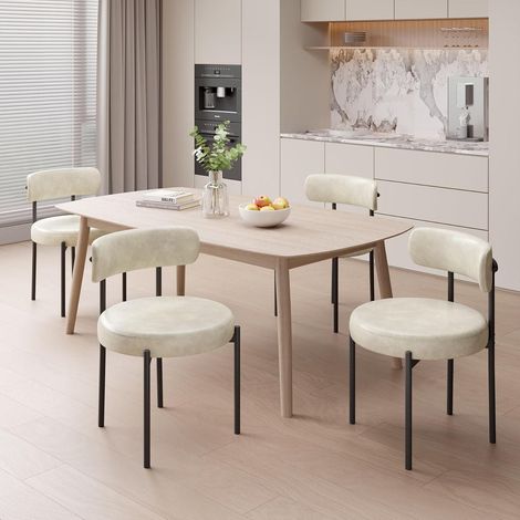 Esszimmerstühle 4er Set PU-Leder Rund Beige Mid-Century Küche Esszimmerstühle (1/5)