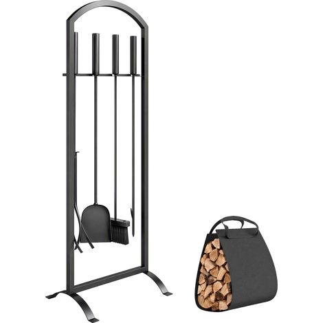 Serviteur de cheminée - Outsunny - 6 pièces, sac à bûches, brosse, pelle, tisonnier, pince, support - métal - 30x22x86cm - noir (1/5)