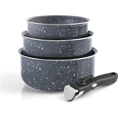 Batterie de Cuisine à Induction 4 Pièces - Set de 3 Casseroles en Aluminium Anti-Adhésives 16, 18 et 20 cm avec Poignée Amovible - Lot pour Tout Feu - Gris Marbre (1/5)