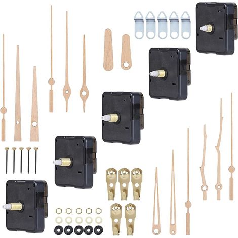 Lot de 5 Mecanisme Horloge Murale Silencieux à Quartz avec Axe de 13/16/18/20/22 mm et Aiguilles en Bois de Noyer, adaptés aux Cadrans de 1 à 11 mm d’épaisseur (piles non comprises) (1/5)