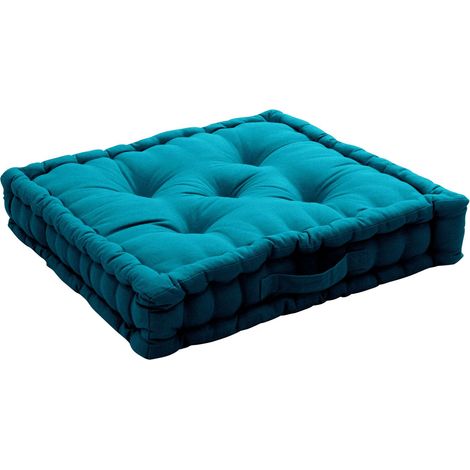 Coussin de sol uni en pur coton Bleu Canard 50x50x10 cm (1/4)