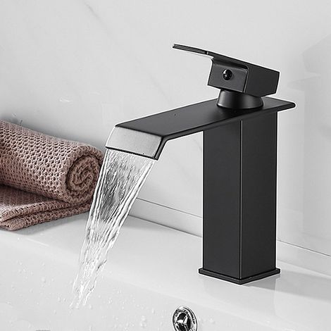 Robinet de salle de bain Mitigeur lavabo SDB contemporaine laiton cascade IDEKO - noir (1/4)