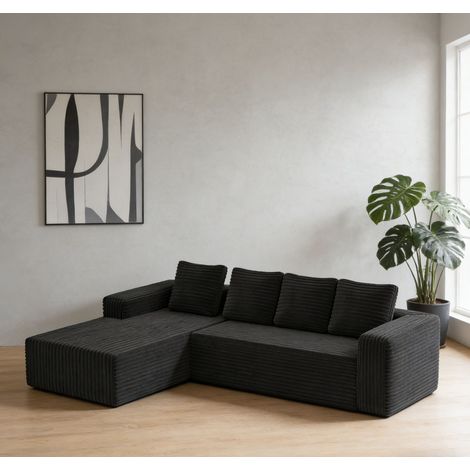 Canapé d'angle avec méridienne, assise profonde, en velours côtelé noir, 261x168x58 cm (1/5)