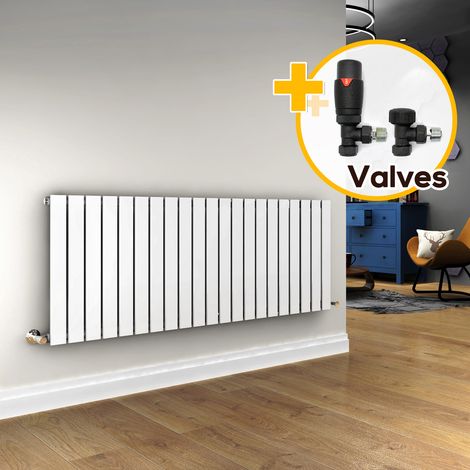 ELEGANT 600 x 1596 mm Horizontal Designer Radiator White Single Flat Panel Radiators + Anthracite Thermostatic Radiator Valves (1/5)