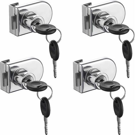 Serrure de Porte en Verre, 4 pièces Serrures à Came, Verrouillage de Sécurité de la Vitrine de l'armoire de Porte en Verre pour Porte en Verre de 5-8 mm Sans Perçage ( avec 8 clés) (1/5)
