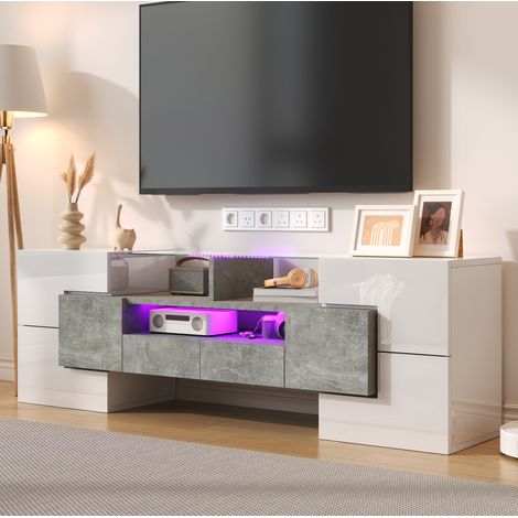 Meuble TV lowboard 145 cm avec LED, blanc haute brillance et béton HAVRYA (1/5)