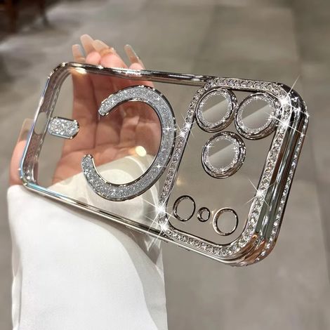 (iPhone 17, Argent) Coque magnétique pour iPhone, coque transparente scintillante façon diamant, protection intégrale de l'appareil photo.