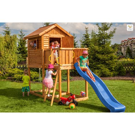 Fungoo Spielhaus "My House", teak, inkl. Rutsche, Haus mit Holzdach und Steuerrad