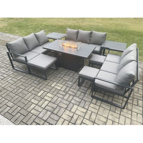 Fimous Aluminium Garden Furniture Outdoor Set Patio Lounge Sofa Gas Fire Pit Dining Table Sets with 3 Footstools 2 Side Tables Dark Grey