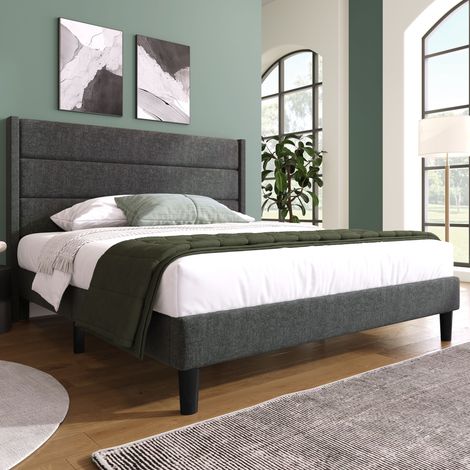Polsterbett Leinenstoff Dunkelgrau 140x200 cm mit Lattenrost und gepolstertem Kopfteil