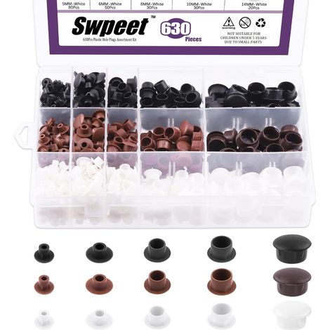 Lot de 630 bouchons de trou en plastique blanc et noir de 0,6 cm, 0,6 cm, 0,9 cm, 1,27 cm, kit d'assortiment de bouchons à vis blancs, bouchons à trou de verrouillage à encliqueter (1/5)