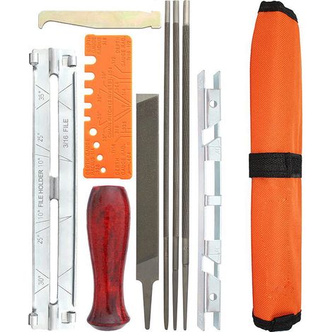 Kit d’affûtage de Chaîne, 10pcs Affûteuse pour Tronçonneuse, Kit Affutage Chaine Tronçonneuse Portable avec Lime Plate Manche Limes Rondes et Pochette Affûteuse (1/5)
