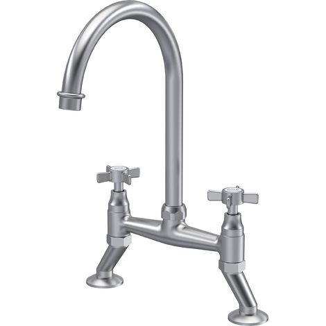 Norbury Traditional Bridge Mixer Kitchen Tap with Crosshead Handles - Brushed Nickel (1/5)