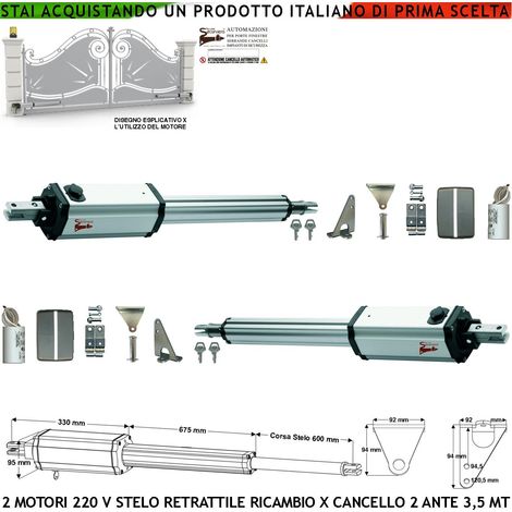 Motori Elettromeccanici Stelo Retrattile Corsa 600 mm 230 V Per Cancello Battente 7 Metri 2 Ante 3,5 MT Spinta 250 Kg Sblocco a Chiave Ricambio Universale Automazione Completi di Staffe Bulloni (1/4)