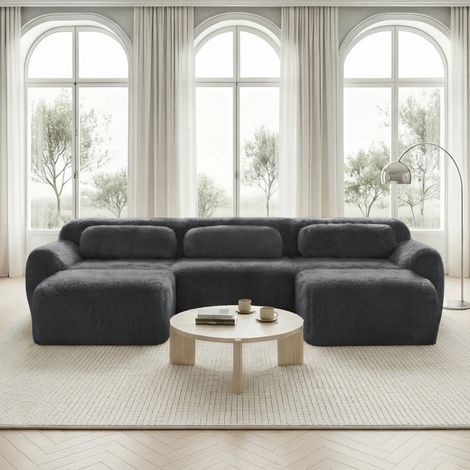Canapé en U modulable, tissu peluche antidérapant au sol, sans assemblage, coussins inclus. Soutien ergonomique, mousse haute résilience, gris, idéal salon ou chambre.
