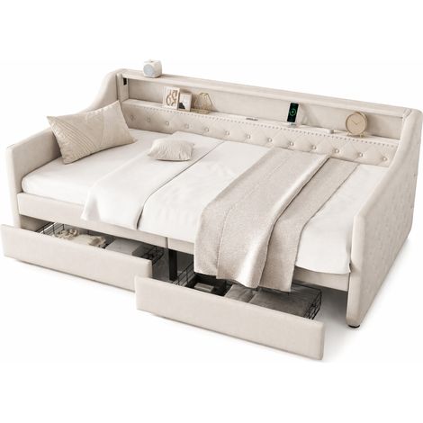Divano letto 90x200 cm in lino beige con cassetti, LED e USB, senza materasso - CHICFURN (1/5)