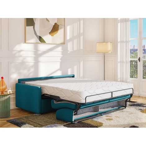 Canapé 4 places convertible express en tissu bleu turquoise - Couchage 160 cm - Matelas 22 cm avec mémoire de forme CALIFE (1/2)