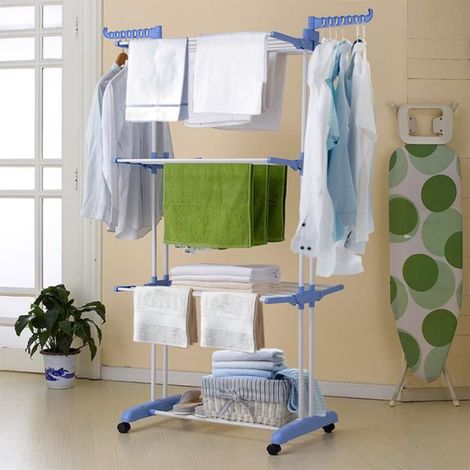 Willonin® Séchoir à Linge Pliable de 4 étagères, Etendoir à vêtements Mobile avec 4 roues, Etendage avec Ailes latérales, Bleu (1/4)