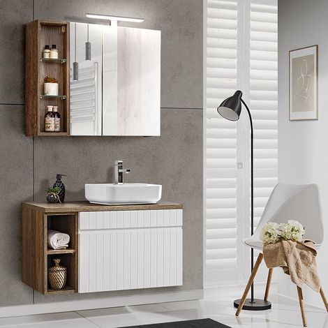 Badezimmermöbel Waschplatz Set in weiß matt mit Vintage Eiche Nb. IRAKLIO-56 mit Regalen und LED-Spiegelschrank, B/H/T: ca. 80,4/200/46 cm (1/5)
