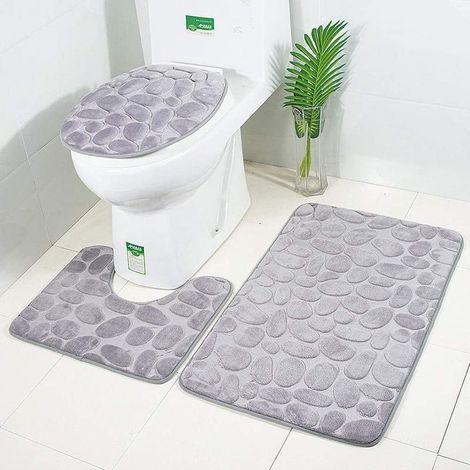 New Non-Slip Bath Mat, 3-Piece Bathroom Rug Set, Contour Toilet Mat (Grey V2) (1/5)