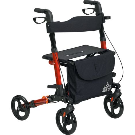 Déambulateur 4 Roues Pliable en Aluminium. Hauteur Réglable 6 Positions. Freins Doubles. Rangement. 64 x 67 x 92 cm. Rouge