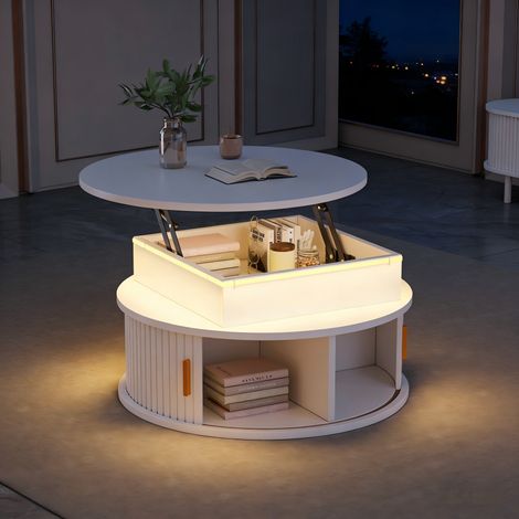 Table basse ronde blanche laquée brillante, hauteur réglable 75x75x52 cm, table d'appoint LED avec rangement caché, table à thé à 2 portes enroulables, meuble gain de place. (1/5)