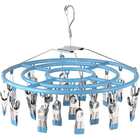 Metal Clothes Airer with 24 Clips, Sock Airer, Sock Turnstile for Underwear, Swivel Windproof Sock Hanger, Blue (1/5)