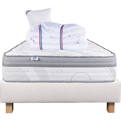 Ensemble Matelas ViscoPlus, 26 cm, mousses haute densité, ferme, face été/hiver + sommier beige ep20cm + oreiller + couette, 90x190cm (1/5)