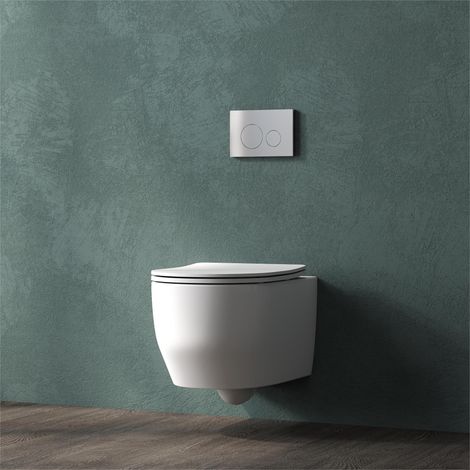 Bathroom Rimless Wall Hung Toilet Soft Close Seat UF Slim Round Pan Ceramic WC White (1/5)
