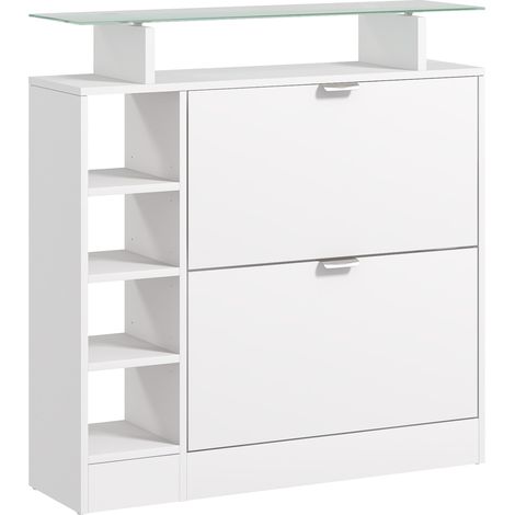 Schuhschrank mit 2 Klappschubladen (für 12 Paar Schuhe), Glasplatte und verstellbaren Einlegeböden, 89 x 25 x 92 cm, weiß