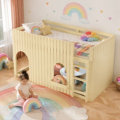 Letto a soppalco per bambini 90x200 cm in legno naturale con scala e parapetti OKWISH (1/5)