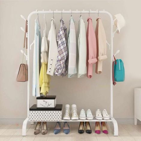 Porte-vêtements au sol avec crochets latéraux Porte-vêtements multifonctionnel à haute capacité de charge (Blanc) (1/5)