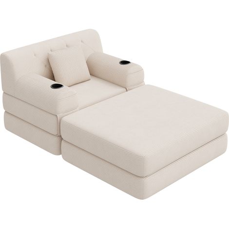 Fauteuil convertible 1 place en velours côtelé beige avec repose-pieds, dossier haut et porte-gobelets (1/5)