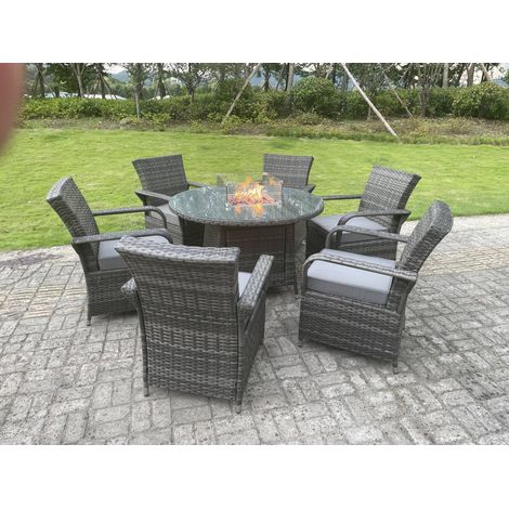 Fimous Rattan Garden Furniture Gas Fire Pit Rectangle Round Dining Table And Dining Chairs 6 Seater + Round Table