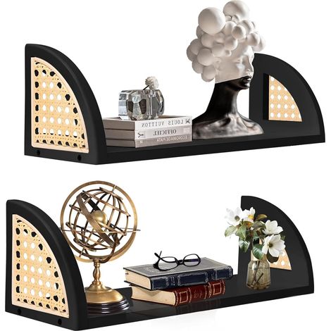 Set mit 2 schwebenden Wandregalen aus Rattan – im Bohème-Stil – für Pflanzen und Dekoration – Wanddeko im Bohème-Stil für Wohnzimmer, Bad und Küche – Schwarz (1/5)