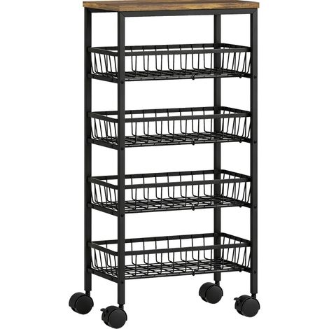Carrello da cucina 40x24x81,5 cm con 4 cesti scorrevoli e ruote con freno, MDF effetto legno marrone (1/5)