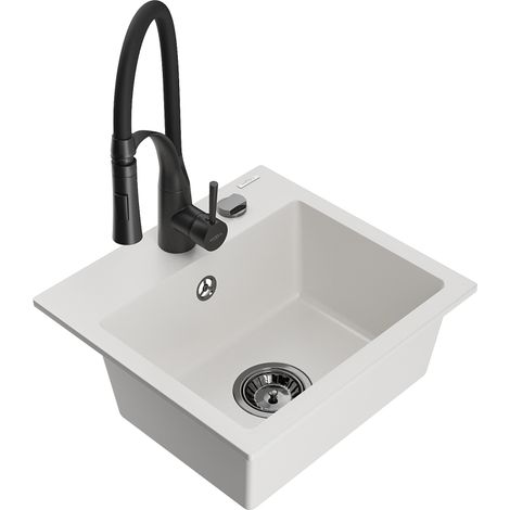 Mexen Milo 1-Becken-Granit-Spüle mit Mischbatterie Aster, Weiß - 6505-20-73450-70-B