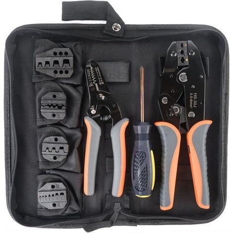 Kit Pince à Sertir à Cliquet 5 en 1 - Avec 5 Mâchoires Interchangeables, Pince à Dénuder & Tournevis - Outil de Sertissage pour Cosses Isolées, Non-Isolées et Embouts (1/5)