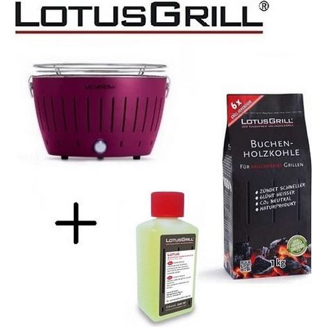 Barbecue Viola con Batterie e Cavo di Alimentazione USB + 1Kg di Carbonella di Faggio + Gel Combustibile Inodore per Barbecue 200ml -Lotus Grill (1/3)