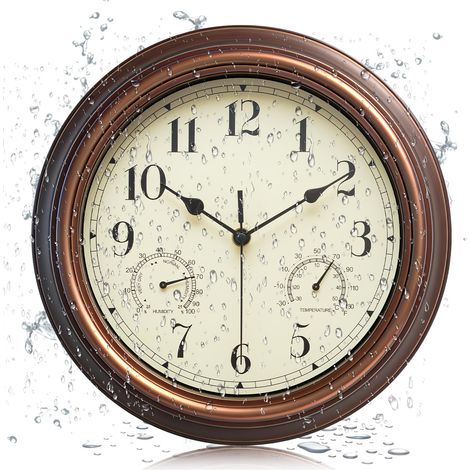 Horloge murale de jardin en plein air, étanche, vintage, avec thermomètre et humidité, 30,5 cm, sans tic-tac, résistante aux intempéries, pour patio, piscine, véranda, jardin, salle de bain, cuivre (1/5)