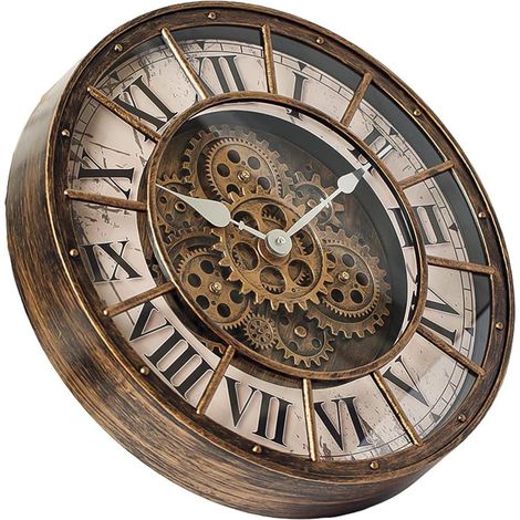 18-Zoll-Wanduhr mit beweglichen Zahnrädern, große, übergroße Steampunk-Industriedekoration, antike Metallwanduhren mit großen Ziffern für Küche, Büro oder Wohnzimmer (Antikbronze mit Ölpatina)