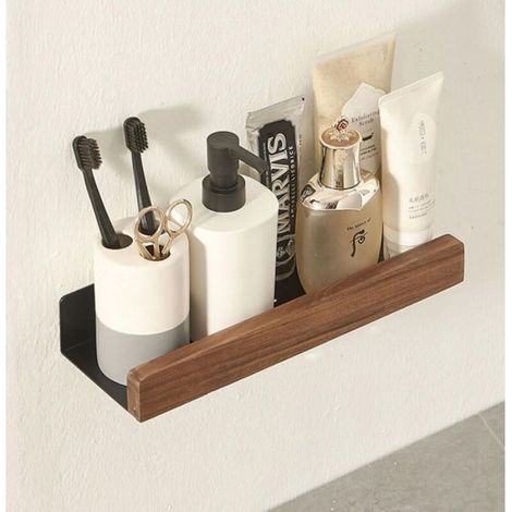 Étagère murale flottante en métal noir pour salle de bain, étagère murale décorative avec bords en bois massif, gain de place (1/4)