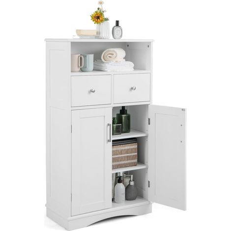 GOPLUS Armoire de Salle de Bain avec étagère Réglable, 107,5X60X30CM, Meuble de Rangement sur Pieds avec Tiroirs et Portes, Blanc (1/5)